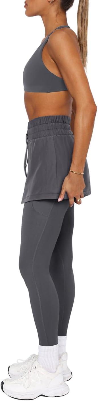 imageLASLULU Womens Tennis Skirted Leggings Yoga Gym Skirts with Leggings Athletic Golf Skorts with PocketsDark Grey