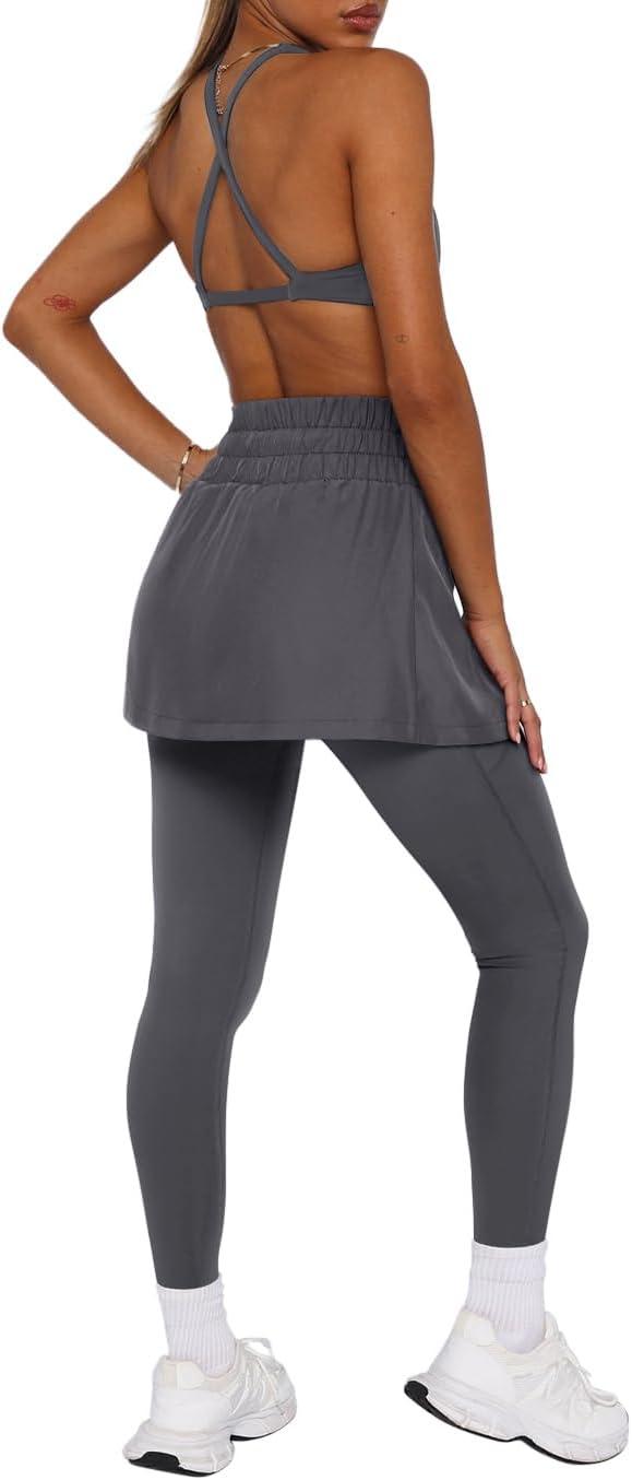 imageLASLULU Womens Tennis Skirted Leggings Yoga Gym Skirts with Leggings Athletic Golf Skorts with PocketsDark Grey