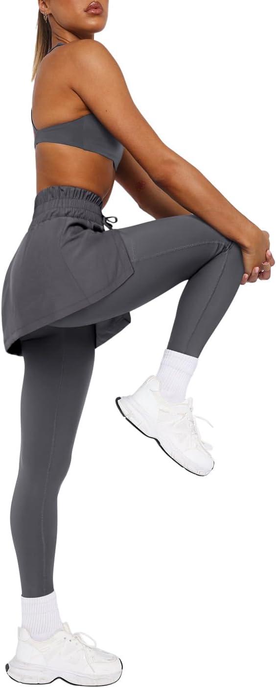 imageLASLULU Womens Tennis Skirted Leggings Yoga Gym Skirts with Leggings Athletic Golf Skorts with PocketsDark Grey