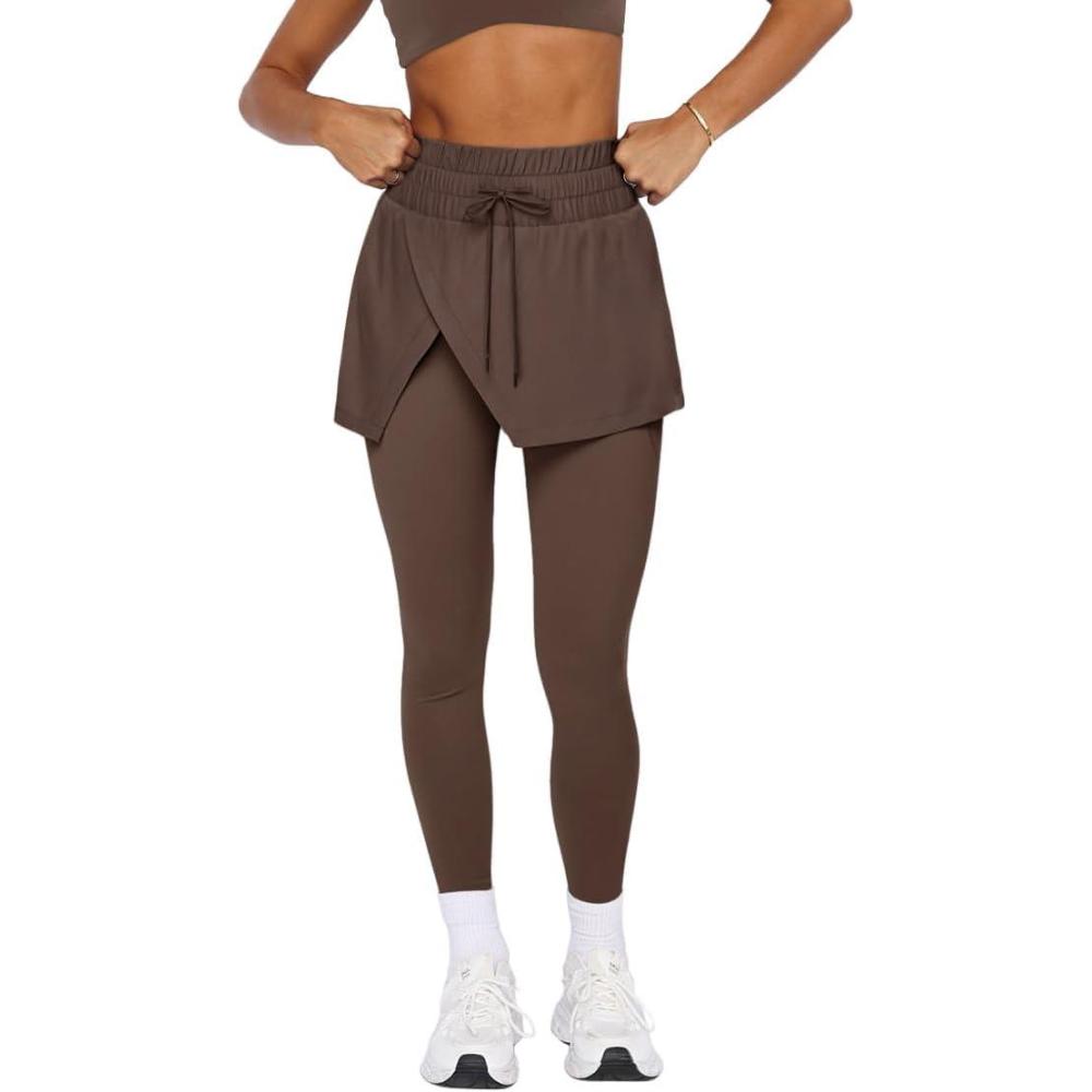 imageLASLULU Womens Tennis Skirted Leggings Yoga Gym Skirts with Leggings Athletic Golf Skorts with PocketsBrown