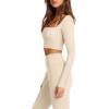 imageLASLULU Womens Sexy Square Neck Crop Top Ribbed Seamless Long Sleeve Workout Tops Halter Neck Yoga Tops with Built in BraBeige