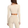 imageLASLULU Womens Sexy Square Neck Crop Top Ribbed Seamless Long Sleeve Workout Tops Halter Neck Yoga Tops with Built in BraBeige