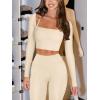 imageLASLULU Womens Sexy Square Neck Crop Top Ribbed Seamless Long Sleeve Workout Tops Halter Neck Yoga Tops with Built in BraBeige