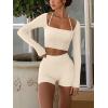 imageLASLULU Womens Sexy Square Neck Crop Top Ribbed Seamless Long Sleeve Workout Tops Halter Neck Yoga Tops with Built in BraBeige