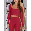 imageLASLULU Womens Sexy Square Neck Crop Top Ribbed Seamless Long Sleeve Workout Tops Halter Neck Yoga Tops with Built in BraRuby Red