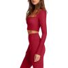 imageLASLULU Womens Sexy Square Neck Crop Top Ribbed Seamless Long Sleeve Workout Tops Halter Neck Yoga Tops with Built in BraRuby Red