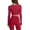 imageLASLULU Womens Sexy Square Neck Crop Top Ribbed Seamless Long Sleeve Workout Tops Halter Neck Yoga Tops with Built in BraRuby Red