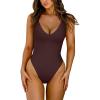 imageLASLULU Womens One Piece Swimsuit Padded Sexy V Neck Swim Suits Modest Tummy Control Bathing SuitsCoffee