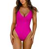 imageLASLULU Womens One Piece Swimsuit Padded Sexy V Neck Swim Suits Modest Tummy Control Bathing SuitsRose Red