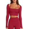 imageLASLULU Womens Sexy Square Neck Crop Top Ribbed Seamless Long Sleeve Workout Tops Halter Neck Yoga Tops with Built in BraRuby Red