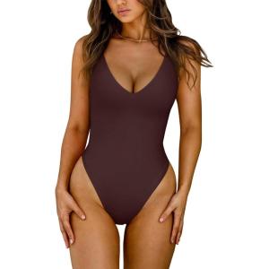 imageLASLULU Womens One Piece Swimsuit Padded Sexy V Neck Swim Suits Modest Tummy Control Bathing SuitsCoffee