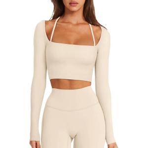 imageLASLULU Womens Sexy Square Neck Crop Top Ribbed Seamless Long Sleeve Workout Tops Halter Neck Yoga Tops with Built in BraBeige
