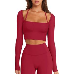 imageLASLULU Womens Sexy Square Neck Crop Top Ribbed Seamless Long Sleeve Workout Tops Halter Neck Yoga Tops with Built in BraRuby Red