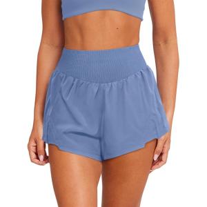 imageLASLULU Womens Ribbed High Waisted Gym Shorts Tummy Control Biker Workout Running Tennis Shorts with Zipper PocketsBlue