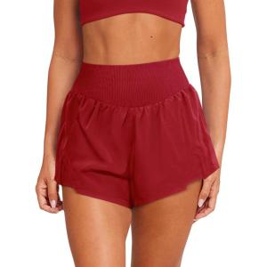 imageLASLULU Womens Ribbed High Waisted Gym Shorts Tummy Control Biker Workout Running Tennis Shorts with Zipper PocketsRed