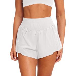 imageLASLULU Womens Ribbed High Waisted Gym Shorts Tummy Control Biker Workout Running Tennis Shorts with Zipper PocketsWhite