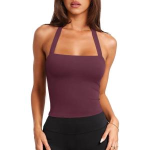 imageLASLULU Womens Sexy Halter Sports Bra Workout Tops Wirefree Sleeveless Gym Yoga Tank Tops Y2k Casual CropBurgundy