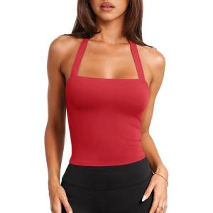 imageLASLULU Womens Sexy Halter Sports Bra Workout Tops Wirefree Sleeveless Gym Yoga Tank Tops Y2k Casual CropRed