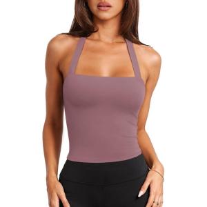 imageLASLULU Womens Sexy Halter Sports Bra Workout Tops Wirefree Sleeveless Gym Yoga Tank Tops Y2k Casual CropRed Bean Paste