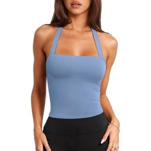 imageLASLULU Womens Sexy Halter Sports Bra Workout Tops Wirefree Sleeveless Gym Yoga Tank Tops Y2k Casual CropSky Blue