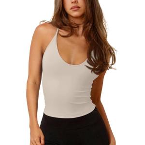 imageLASLULU Womens Sleeveless Halter Neck Workout Tops Adjustable Tie Camisole Backless Casual Basic Cami Gym Yoga Tank TopsBeigedouble Lined