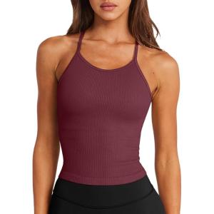 imageLASLULU Womens Sports Bra Seamless Long Crop Tank Racer Back Spaghetti Strap Workout Yoga Bra Padded Halter Neck Casual TopsBurgundy