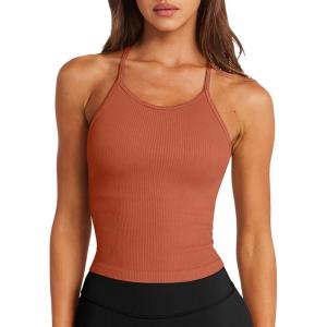imageLASLULU Womens Sports Bra Seamless Long Crop Tank Racer Back Spaghetti Strap Workout Yoga Bra Padded Halter Neck Casual TopsCoral
