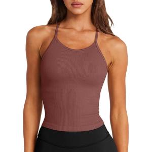 imageLASLULU Womens Sports Bra Seamless Long Crop Tank Racer Back Spaghetti Strap Workout Yoga Bra Padded Halter Neck Casual TopsMarsala