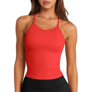 imageLASLULU Womens Sports Bra Seamless Long Crop Tank Racer Back Spaghetti Strap Workout Yoga Bra Padded Halter Neck Casual TopsNeon Orange Red