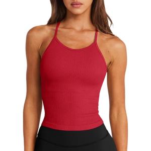 imageLASLULU Womens Sports Bra Seamless Long Crop Tank Racer Back Spaghetti Strap Workout Yoga Bra Padded Halter Neck Casual TopsRed