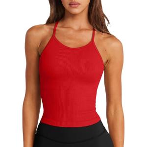 imageLASLULU Womens Sports Bra Seamless Long Crop Tank Racer Back Spaghetti Strap Workout Yoga Bra Padded Halter Neck Casual TopsRuby