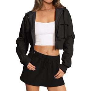 imageLASLULU Womens Zip Up Hoodies Sweatshirts Fleece Cropped Hooded Sweatshirts Zip Jackets 2025 Fashion Trendy Fall OutfitsBlack