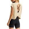 imageLASLULU Womens Open Back Workout Tops Short Sleeve Athletic Top Sleeveless Oversized Wrap Crop Tank Tops Running Gym Yoga TeeBeige