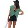 imageLASLULU Womens Open Back Workout Tops Short Sleeve Athletic Top Sleeveless Oversized Wrap Crop Tank Tops Running Gym Yoga TeeGrass Green