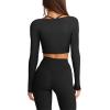 imageLASLULU Womens Sexy Square Neck Crop Top Ribbed Seamless Long Sleeve Workout Tops Halter Neck Athletic YogaBlack