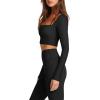 imageLASLULU Womens Sexy Square Neck Crop Top Ribbed Seamless Long Sleeve Workout Tops Halter Neck Athletic YogaBlack