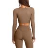 imageLASLULU Womens Sexy Square Neck Crop Top Ribbed Seamless Long Sleeve Workout Tops Halter Neck Athletic YogaBrown