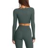 imageLASLULU Womens Sexy Square Neck Crop Top Ribbed Seamless Long Sleeve Workout Tops Halter Neck Athletic YogaForest Green