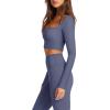 imageLASLULU Womens Sexy Square Neck Crop Top Ribbed Seamless Long Sleeve Workout Tops Halter Neck Athletic YogaGrey Blue