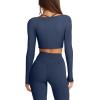 imageLASLULU Womens Sexy Square Neck Crop Top Ribbed Seamless Long Sleeve Workout Tops Halter Neck Athletic YogaNavy Blue