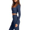 imageLASLULU Womens Sexy Square Neck Crop Top Ribbed Seamless Long Sleeve Workout Tops Halter Neck Athletic YogaNavy Blue
