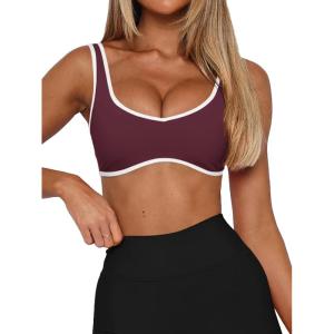 imageLASLULU Sexy Sports Bras for Women V Neck Sleeveless Padded Bra Workout Yoga Crop TopBurgundy