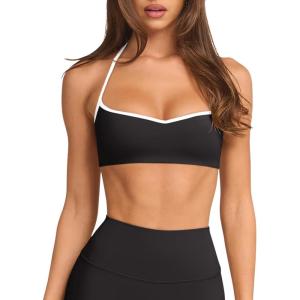 imageLASLULU Womens Adjustable Spaghetti Straps Sports Bra Sweetheart Neck Wireless Padded Workout Yoga Crop TopsBlack White
