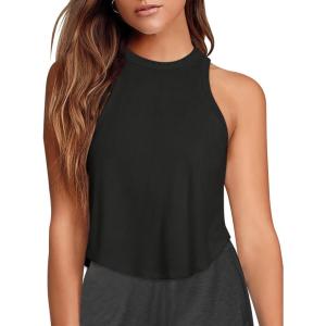 imageLASLULU Womens Crop Tops Sleeveless Workout Tops Halter Neck Flowy Athletic Shirts Cropped Tank Muscle TankBlack