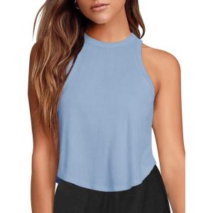 imageLASLULU Womens Crop Tops Sleeveless Workout Tops Halter Neck Flowy Athletic Shirts Cropped Tank Muscle TankBlue