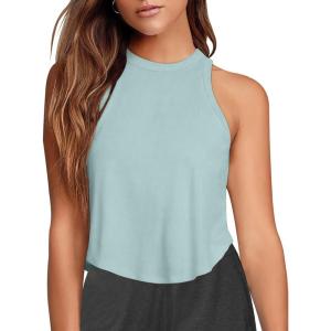 imageLASLULU Womens Crop Tops Sleeveless Workout Tops Halter Neck Flowy Athletic Shirts Cropped Tank Muscle TankBlue Glass