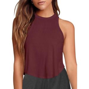imageLASLULU Womens Crop Tops Sleeveless Workout Tops Halter Neck Flowy Athletic Shirts Cropped Tank Muscle TankBurgundy