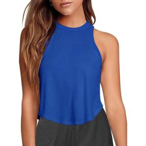imageLASLULU Womens Crop Tops Sleeveless Workout Tops Halter Neck Flowy Athletic Shirts Cropped Tank Muscle TankGalactic Cobalt