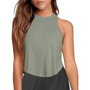 imageLASLULU Womens Crop Tops Sleeveless Workout Tops Halter Neck Flowy Athletic Shirts Cropped Tank Muscle TankGrey Green