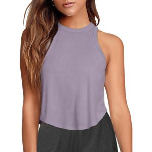 imageLASLULU Womens Crop Tops Sleeveless Workout Tops Halter Neck Flowy Athletic Shirts Cropped Tank Muscle TankHazy Lilac